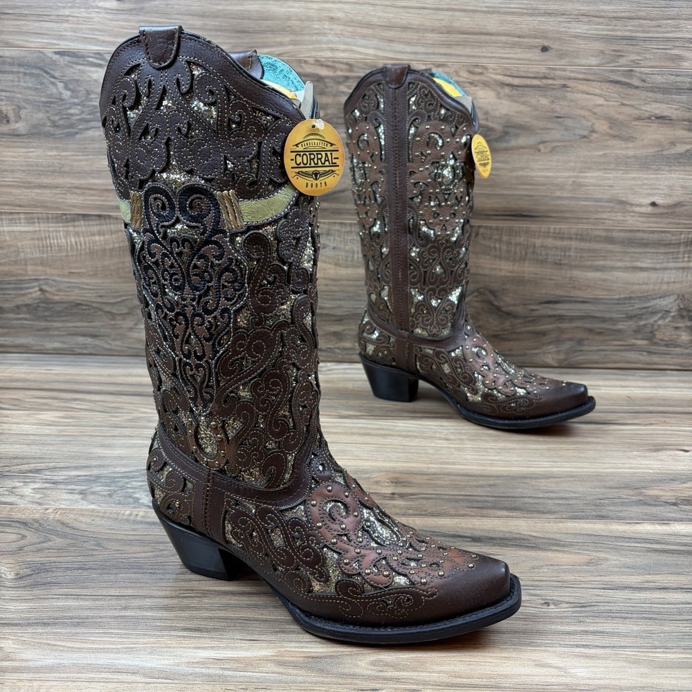 Corral Boots Womens 8.5M 13" Bull Skull Glitter Inlay Stud Snip Toe Boots A4407